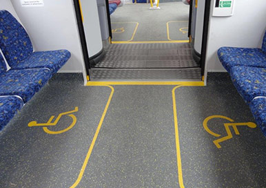 View inside train carriage with our customised fire retardant flooring installed.