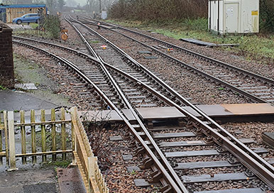 Rail track showcasing a turnout or switch junction.